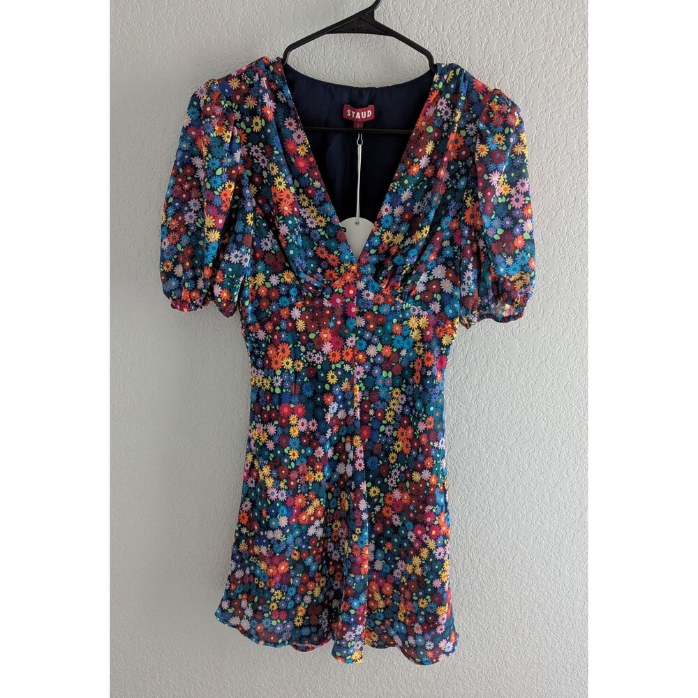 STAUD Milla Mini Dress Womens Size 2 Rainbow Flower Market Puff Sleeve Dress NWT